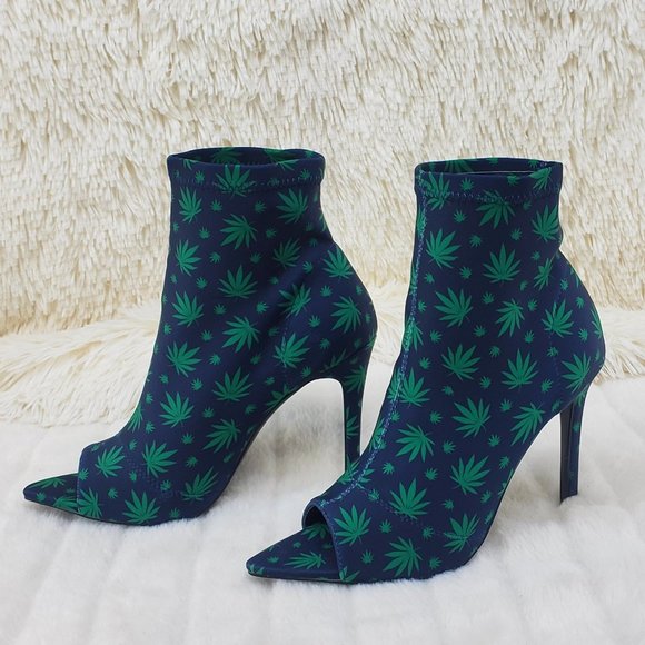 Navy Blue high heel ankle boot Pot Leaf Print - Picture 8 of 11